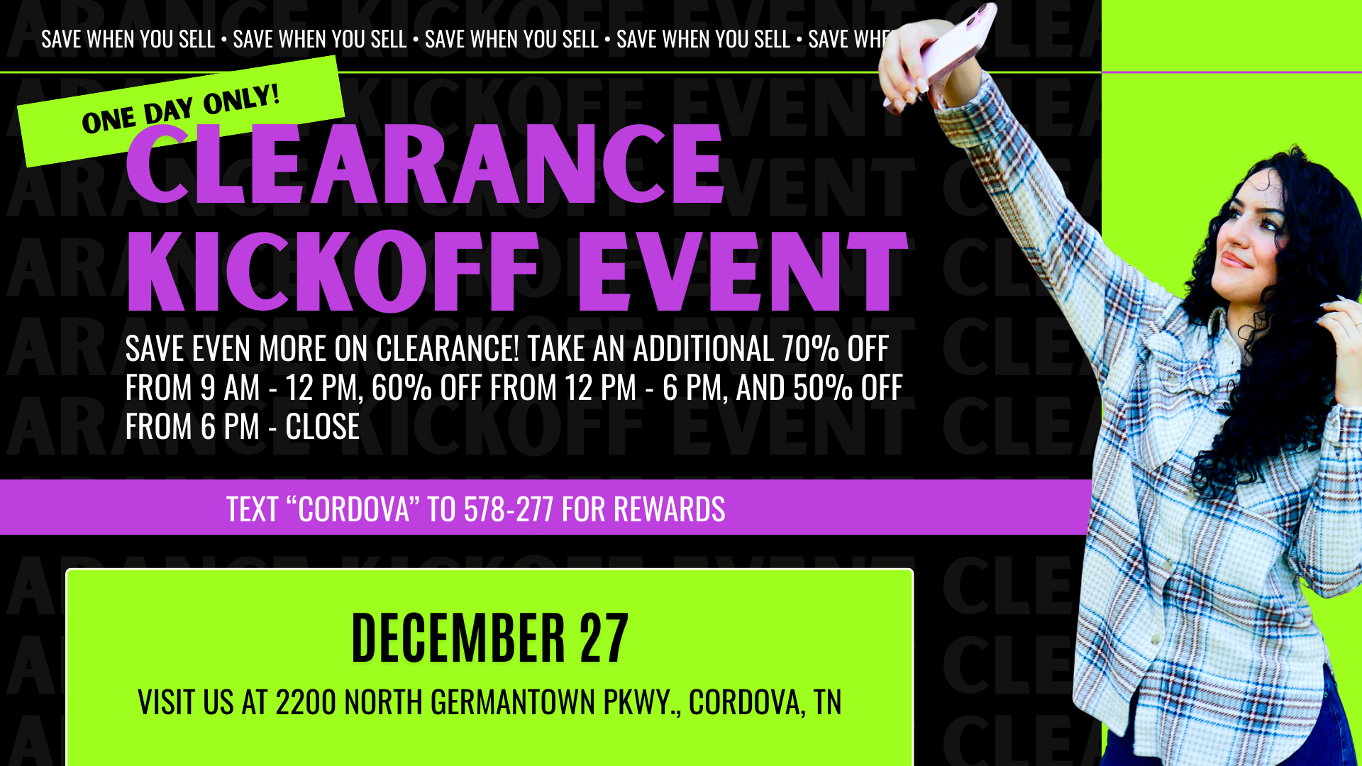 Plato’s Closet Cordova, TN One-Day Clearance Kickoff December 27 offering gently used clothes, shoes, and accessories for teens and young adults from Abercrombie, AEO, Hollister, Nike, Adidas, Free People, and more at 50%–70% off.